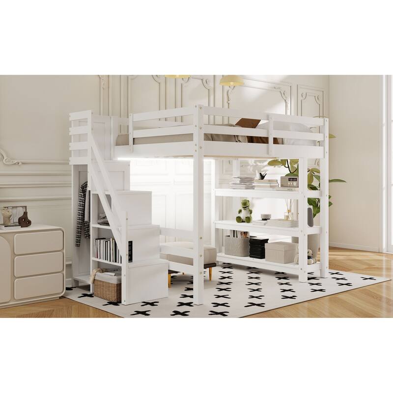 Loft Bed with Shelves, Storage Staircase, Small Wardrobe, White LED Light