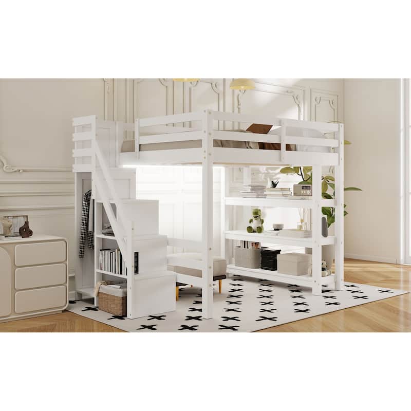 Wooden Loft Bed Frame with 4-tier Storage Shelf, Small Wardrobe, White LED Light and Storage Staircase, Space Saving Storage Bed