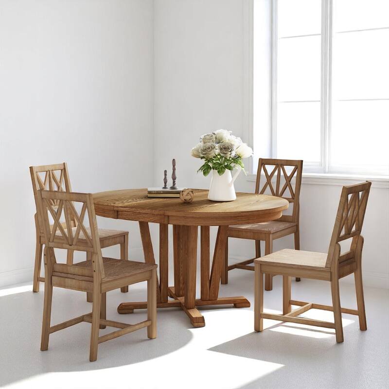 5-Piece Round Dining Set with Extendable Trestle Table and Cross Back Chairs, Rustic Farmhouse Style - Brown