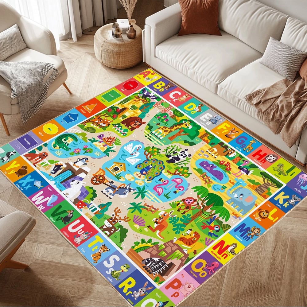 Kids Area Rug for Playroom, Non Slip ABC Animal Shape Color Kids Classroom Carpet Rug, Washable Play Mat Rug