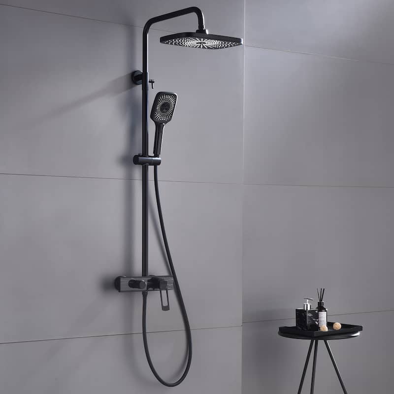 5-Way Wall Exposed Install 12'' Complete Rainfall Shower System with Handheld Showerhead & Faucet in Black / Gold