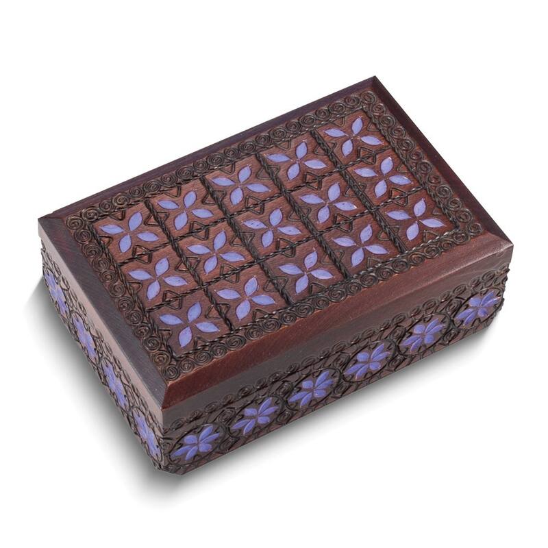 Curata Handcrafted Solid Wood Deep Purple Design Carved and Painted Keepsake Box