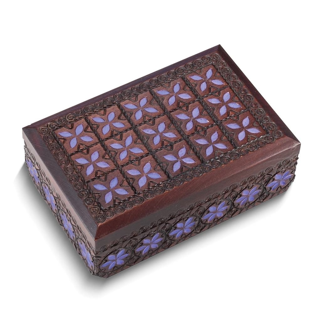 Curata Handcrafted Solid Wood Deep Purple Design Carved and Painted Keepsake Box