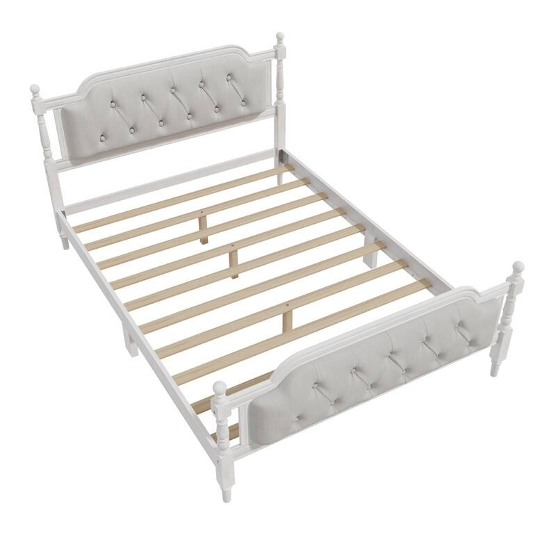 Traditional Style Solid Wood Bed Frame with Upholstered Tufted Headboard,No Box Spring Needed