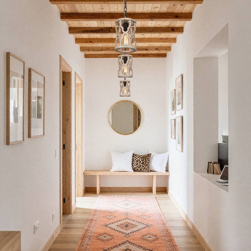 Farmhouse 1-Light Rustic Wood Pendant Light for Kitchen Island Dining Room - 6'' L x 6'' W x 11'' H