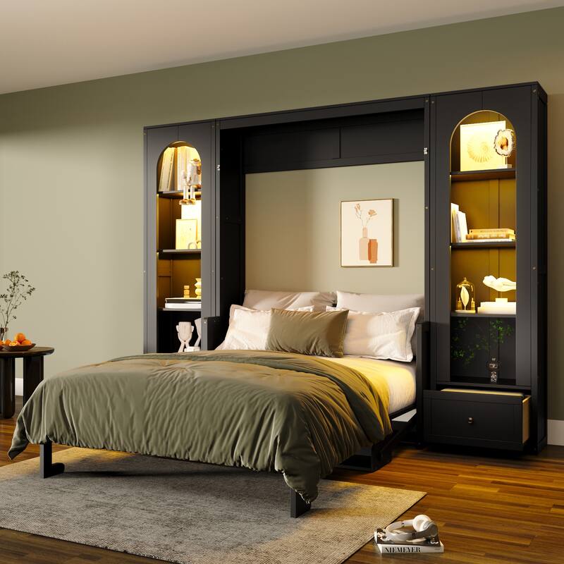 Queen Size Murphy Platform Bed with Shelf, Side Cabinets, Drawers, and LED Lights French Style