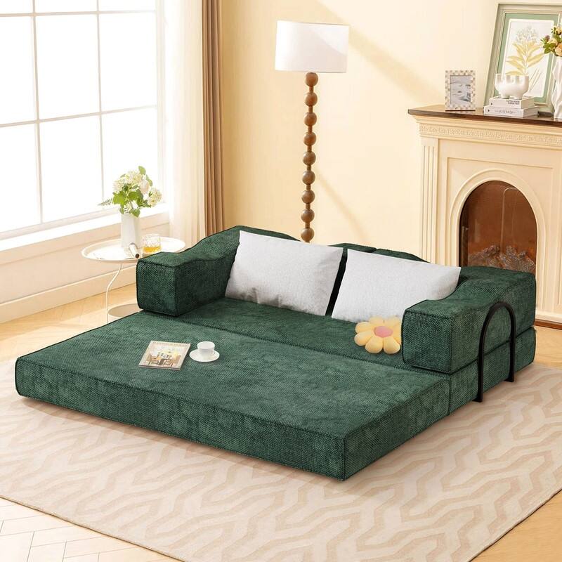 80" Convertible Couch Bed with Removable Cushions and Pillows, 3-Seat Folding Floor Couch & King Size Bed Mattress