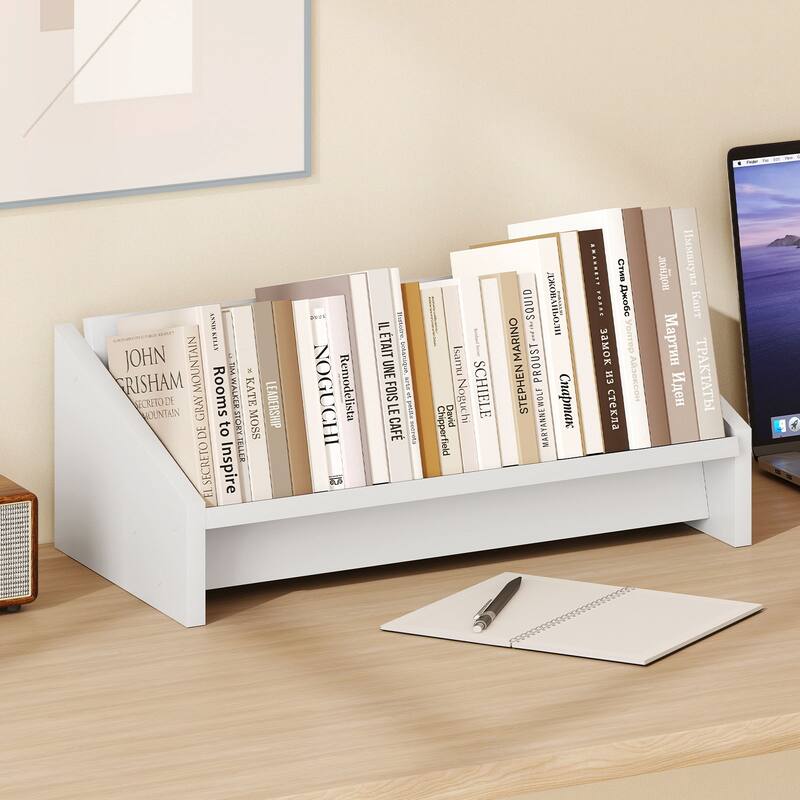Gymax Wooden Tilting Bookcase Space-Saving Desktop Shelf for Magazines