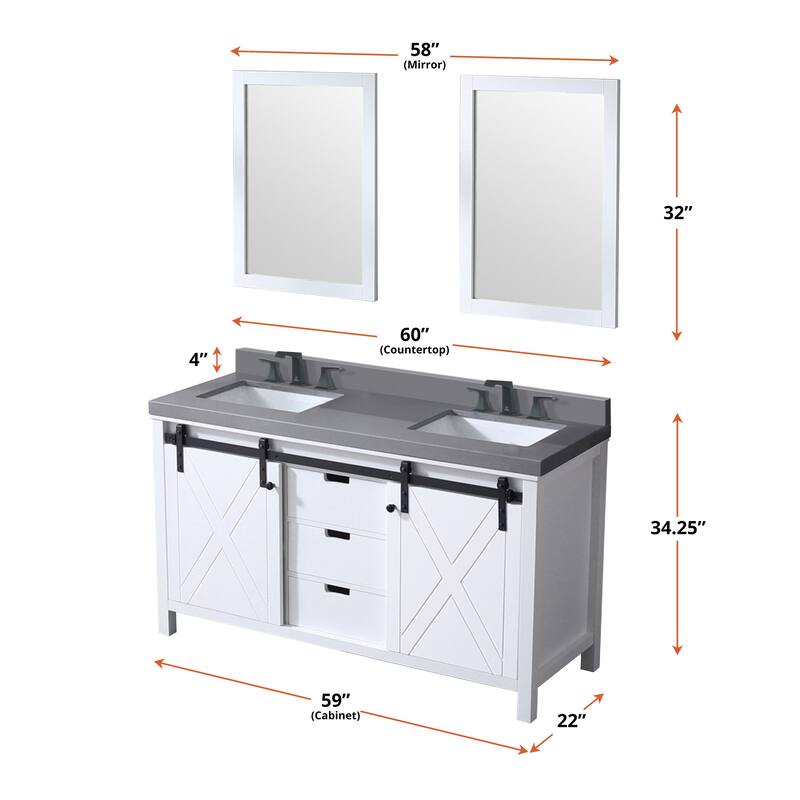 Marsyas 60 in W x 22 in D White Double Bath Vanity, Grey Quartz Countertop and 24 in Mirrors