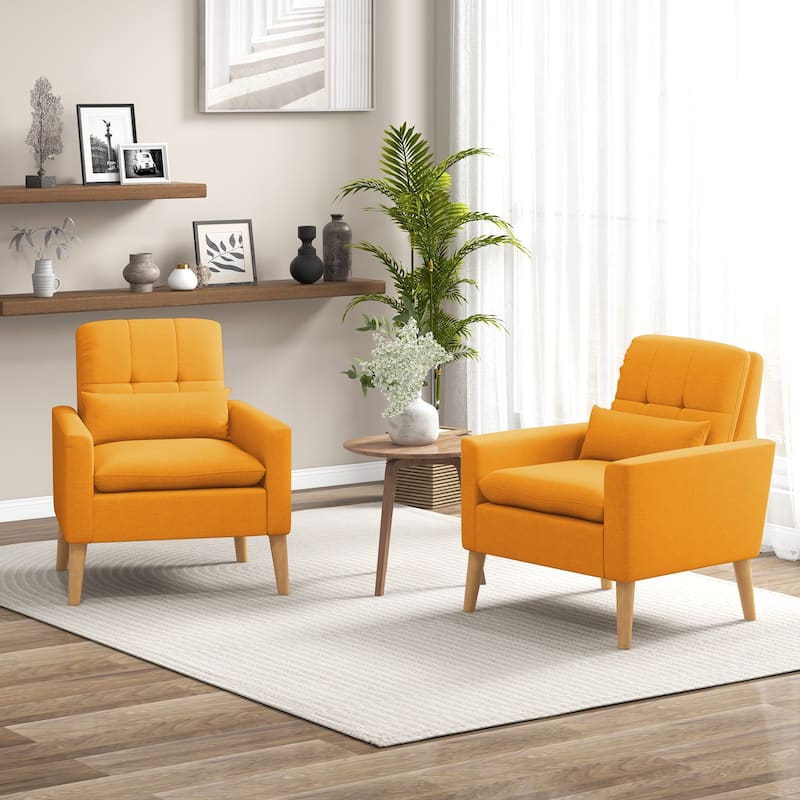 Linen Tufted Accent Chair with Lumbar Pillow and Wood Legs - 30" x 31" x 33.5"