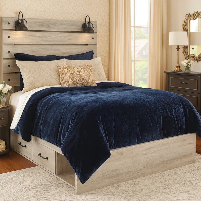 Cemy Rustic King Panel Bed, 2 Sconce Lights and Drawers, Whitewash