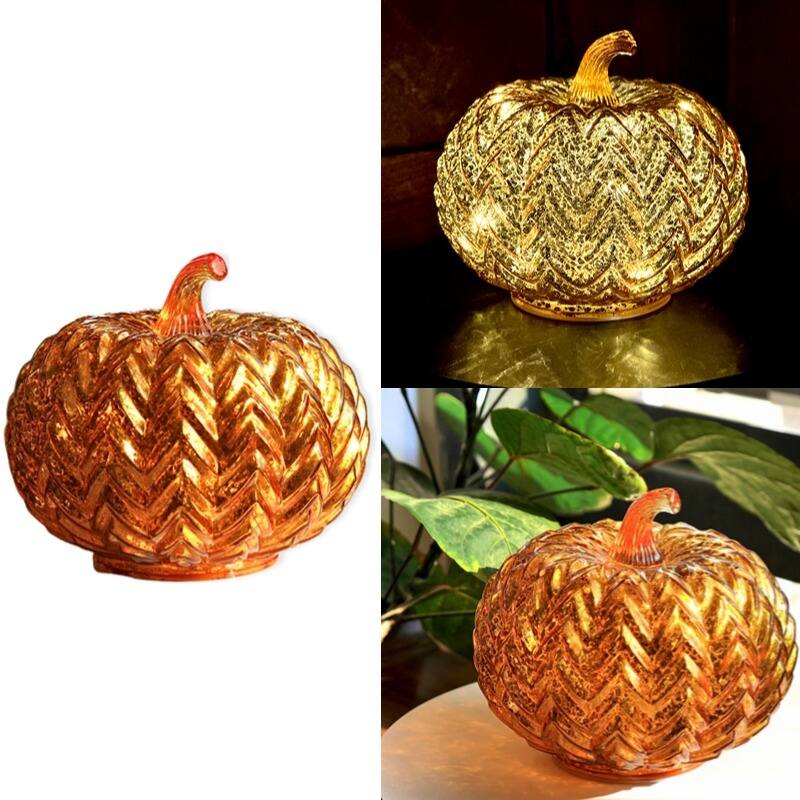 Mercury Glass Pumpkin Lights with Timer – Fall Halloween Table Decorations for Home & Thanksgiving Decor - PK2401G