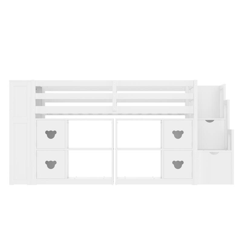 Kids Twin Size Captains Bed Low Loft Bed with LED, Cabinets, Stair Drawers and Shelves, Cabinet Door with Bear-shaped Handles