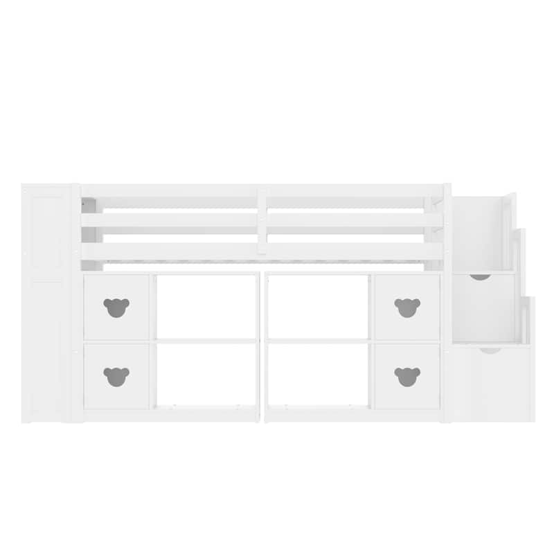 Twin Low Loft Bed with Stairs Storage Shelves and LED Lights No Box Spring Needed