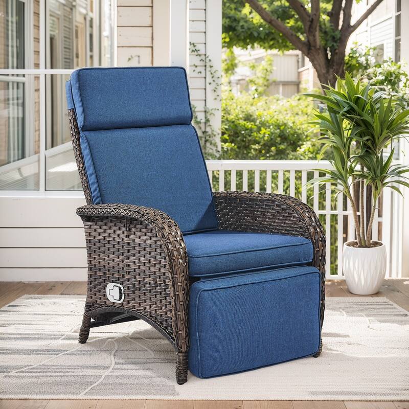 Outdoor Wicker Chaise Lounge Chair - Brown - Blue