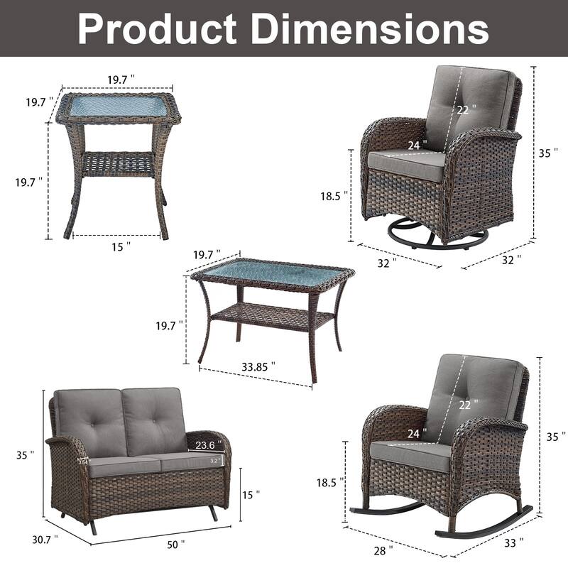 2 Rocking Glider and 2 Swivel Chairs, 1 Loveseat Glider with Coffee Table - Brown