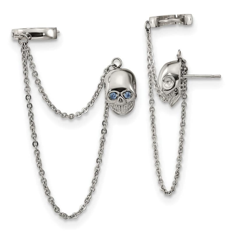 Curata Stainless Steel Polished Double Earrings With Hoop Chain Dangle and Blue CZ Cubic Zirconia Post Jewelry