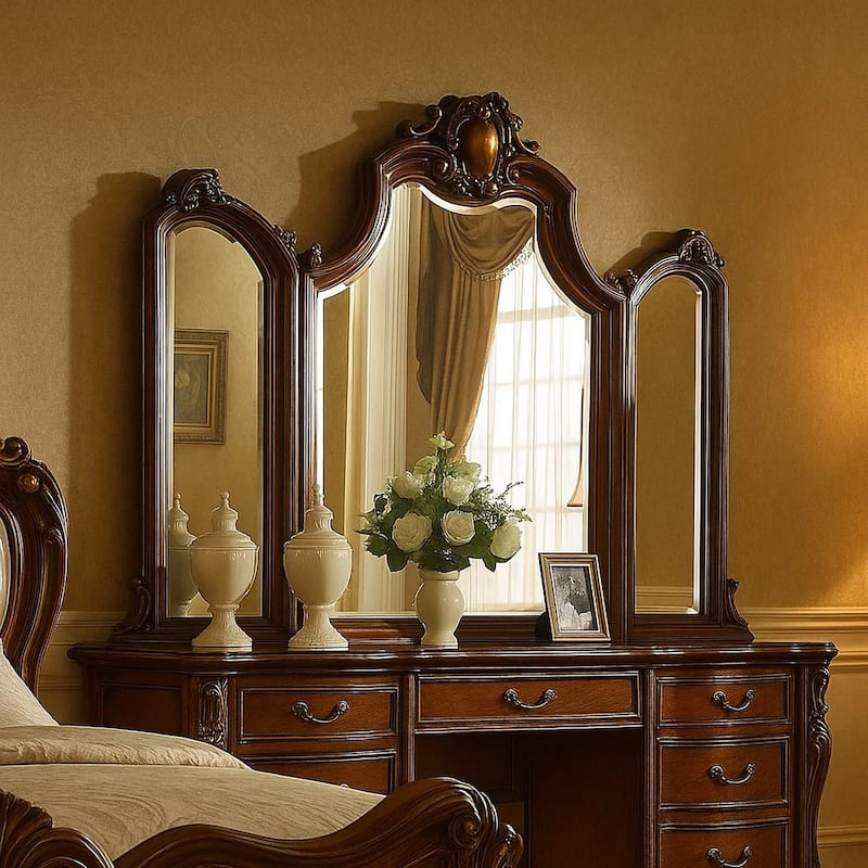 Wooden Frame Mirror with Arched Design and Carved Details, Brown
