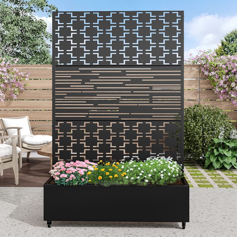 Metal Movable Planter Box with Trellis Privacy Screen Planter Box with Lockable Wheels