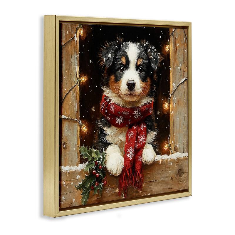 Stupell Snowy Christmas Lights Puppy Framed Floater Canvas Wall Art Design By Riley B