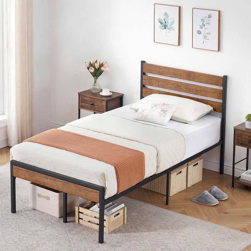 Twin Size Platform Bed Frame with Rustic Wood Headboard