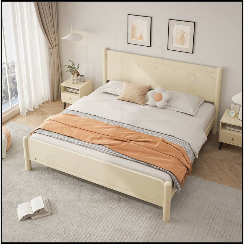 Wood Platform Bed Frame with Headboard and Wooden Slat Support