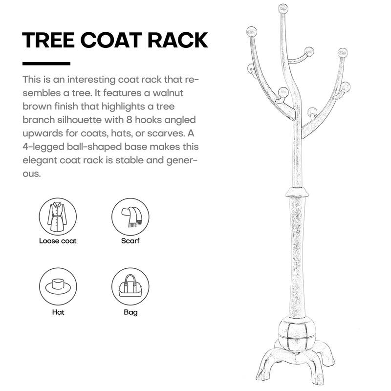 Tree-branch Rubberwood Freestanding Coat Rack with Hooks