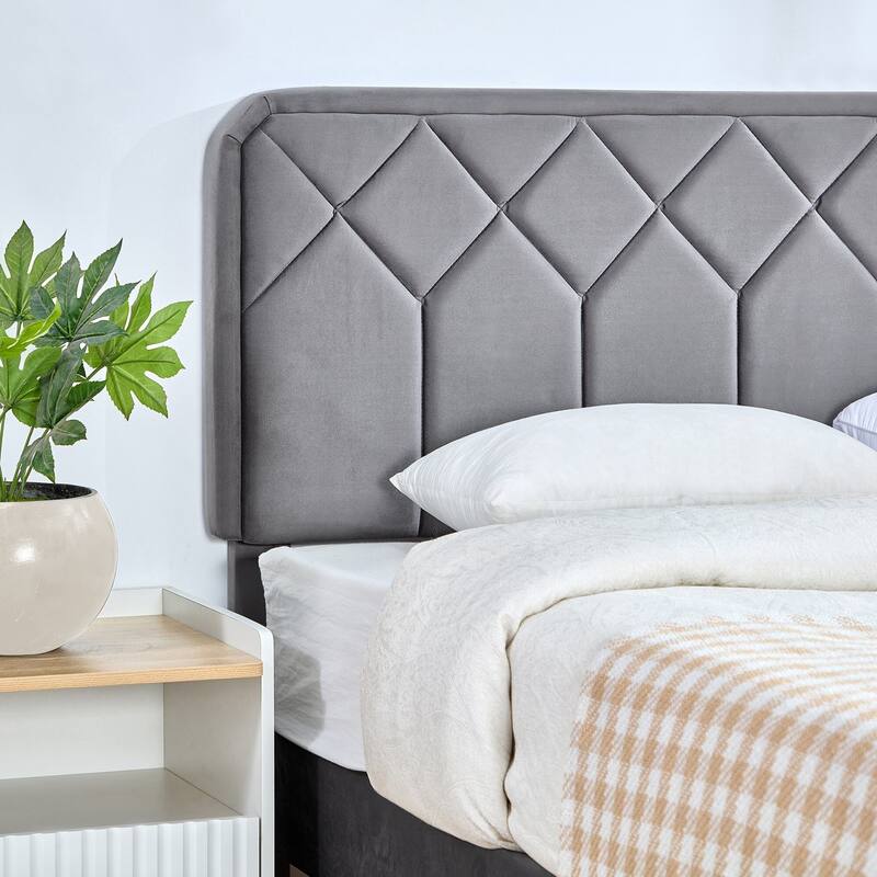 VECELO Adjustable Height Velvet Headboard Grey Bed Frame with Diamond Tufted Twin/Full/Queen Sizes Frame with Center Support Leg