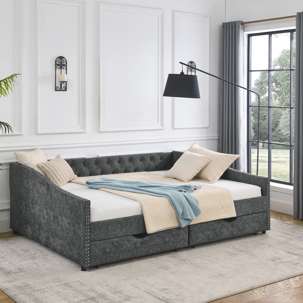 Roomfitters Twin/Full/Queen Upholstered Daybed with Tufted Backrest, Nailhead Trim and Underbed Storage Trundle, Grey