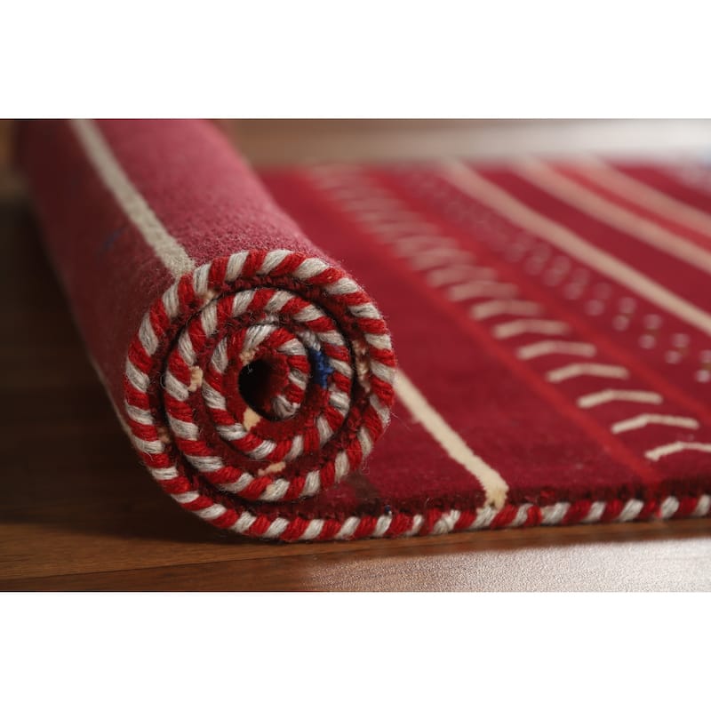 Striped Red Gabbeh Indian Runner Rug Hand-Knotted Wool Carpet - 2'7" x 7'8"
