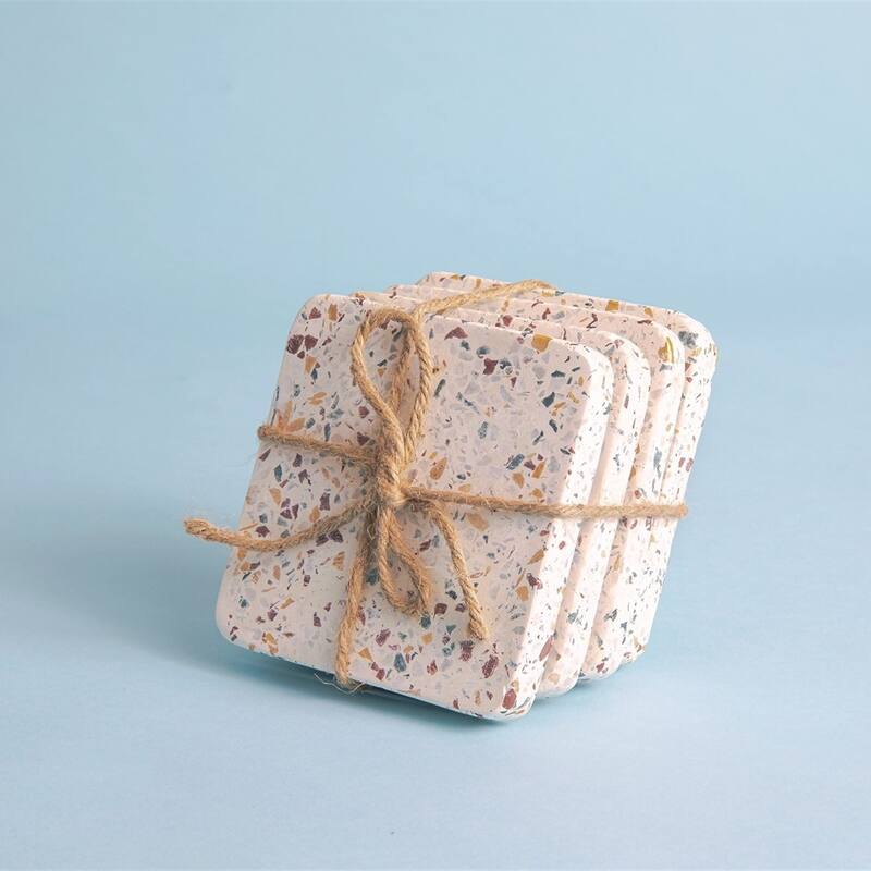 Set of 4 Terrazzo Square Coasters w/ Twine - White