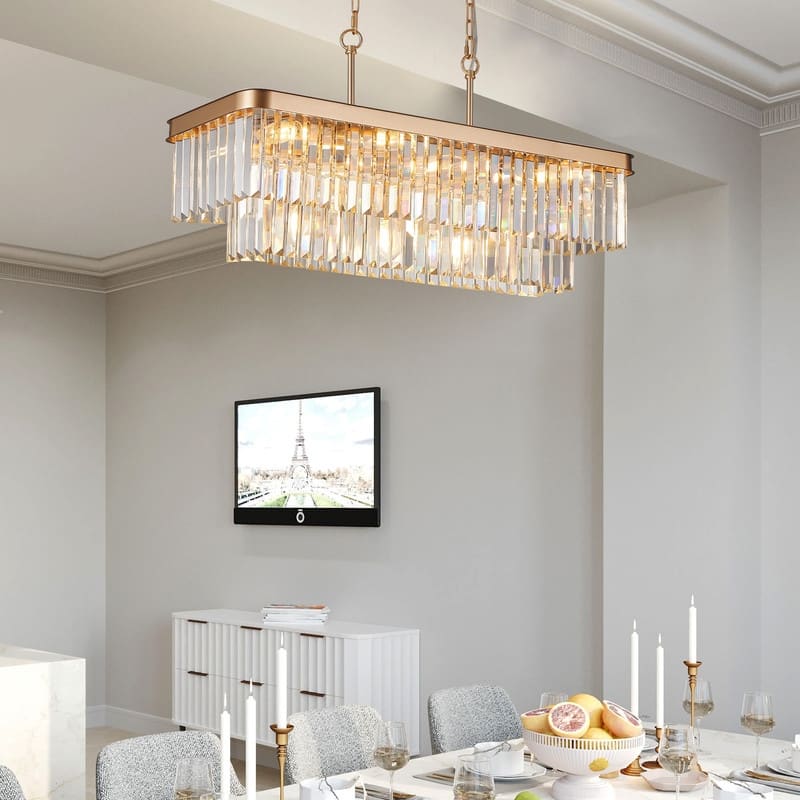 Adjustable Rectangular Crystal Chandelier - E12 Modern Industrial Farmhouse Ceiling Light with Iron Frame (Bulbs Not Included)