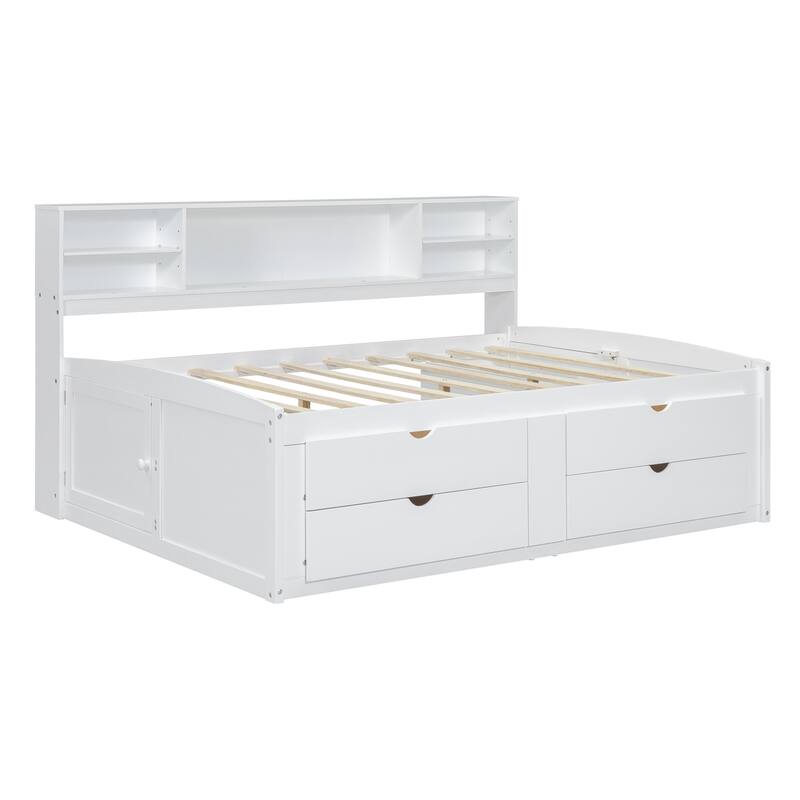 Full Size Daybed with Storage Bookcase and 4 Drawers, Wood Daybed Frame Sofa Bed with Upper Shelves and 2 Bedside Cabinets