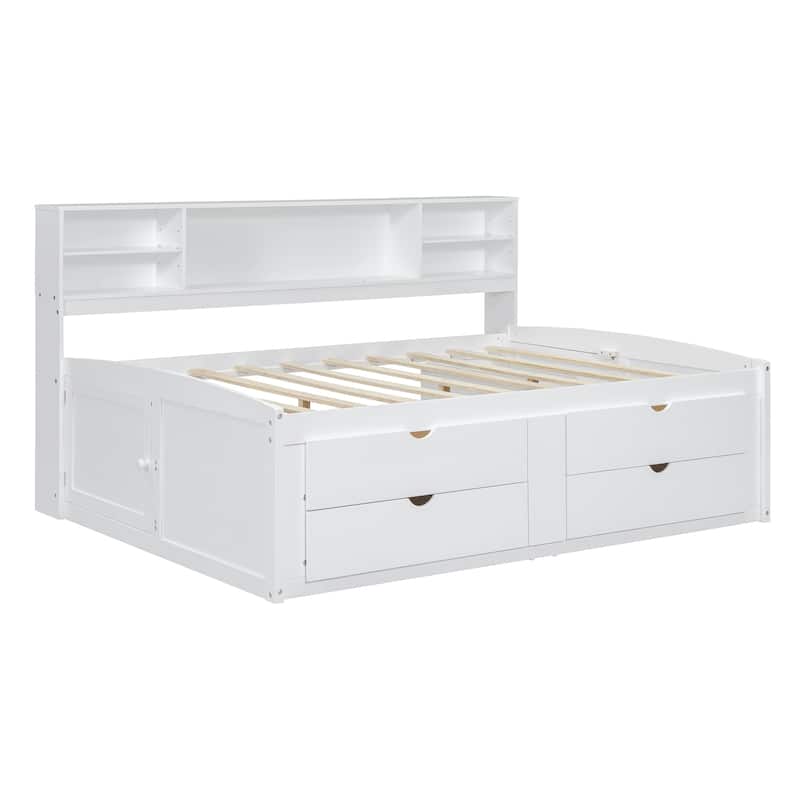Full Size Wood Daybed with 2 Bedside Cabinets, Upper Shelves and 4 Drawers, White