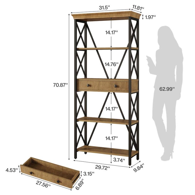70.9" Tall Bookshelf with Drawers, Industrial Bookcase with Storage