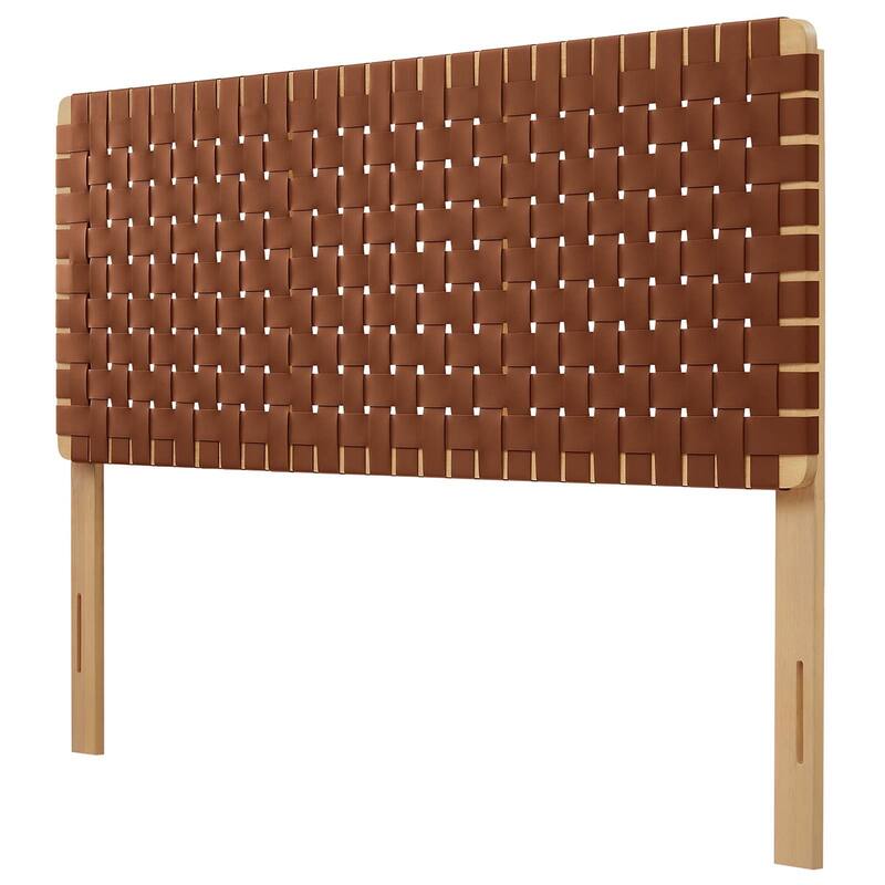 Ditmas Solid Wooden Brown Leather Basket Weaved Queen Size Headboard