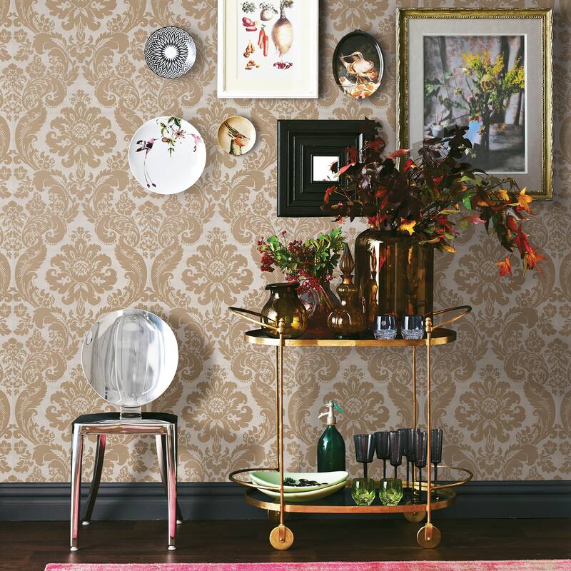 A-Street Prints Shadow Khaki Flocked Damask Wallpaper