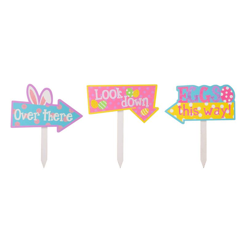 Glitzhome Set of 3 Easter Eggs Wooden Sign Yard Stakes