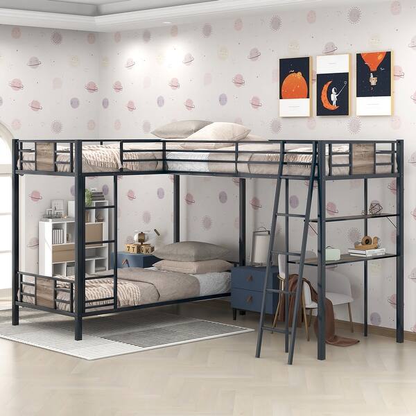slide 2 of 11, L-Shaped Twin Bunk Bed with Loft, Desk, and Shelves - Brown Black