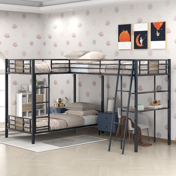 slide 2 of 10, Metal L-Shaped Twin Over Twin Bunk Bed with a Twin Loft Bed Attached, Triple Bunk Bed with Desk and Shelf for Teens, Adults Brown - Twin