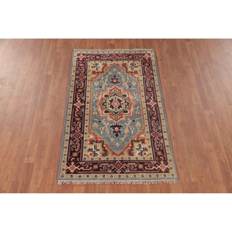 Light Blue Traditional Heriz-Serapi Foyer Rug Hand-Knotted Wool Carpet - 3'1"x 5'0"