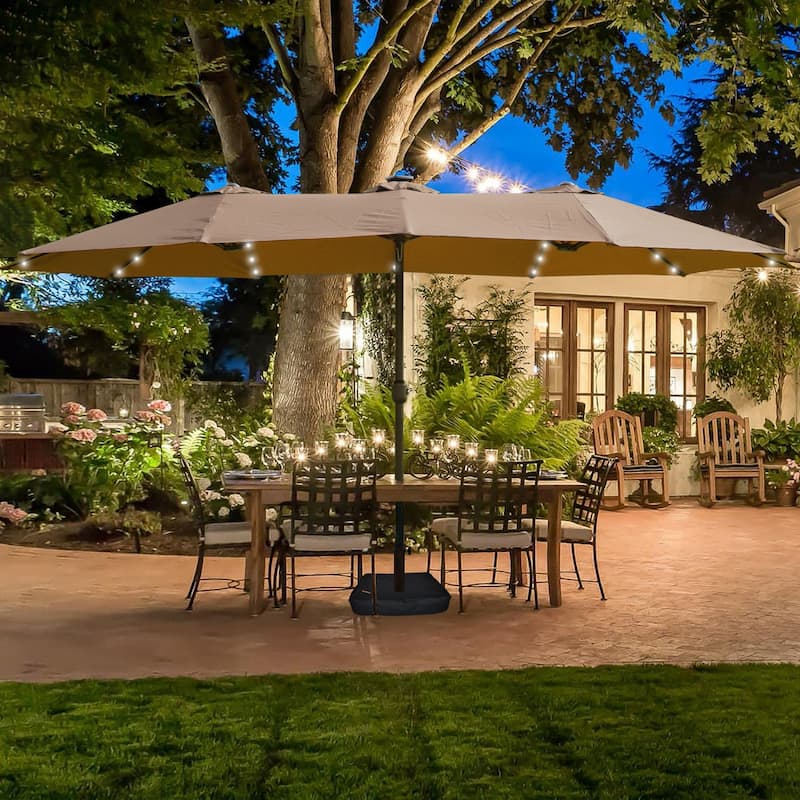 15x9FT Large Double-Sided Rectangular Outdoor Twin Patio Market Umbrella with Light and Base