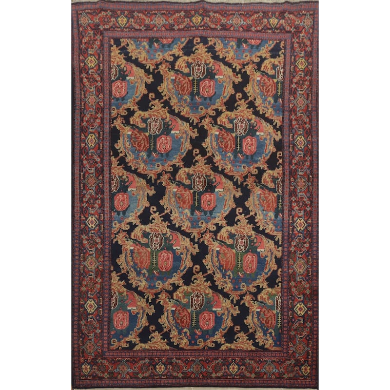 Hand Knotted Oriental 100% Wool Carpet Traditional Floral Navy Blue & Blues Senneh Area Rug - 6' 5'' X 4' 3''
