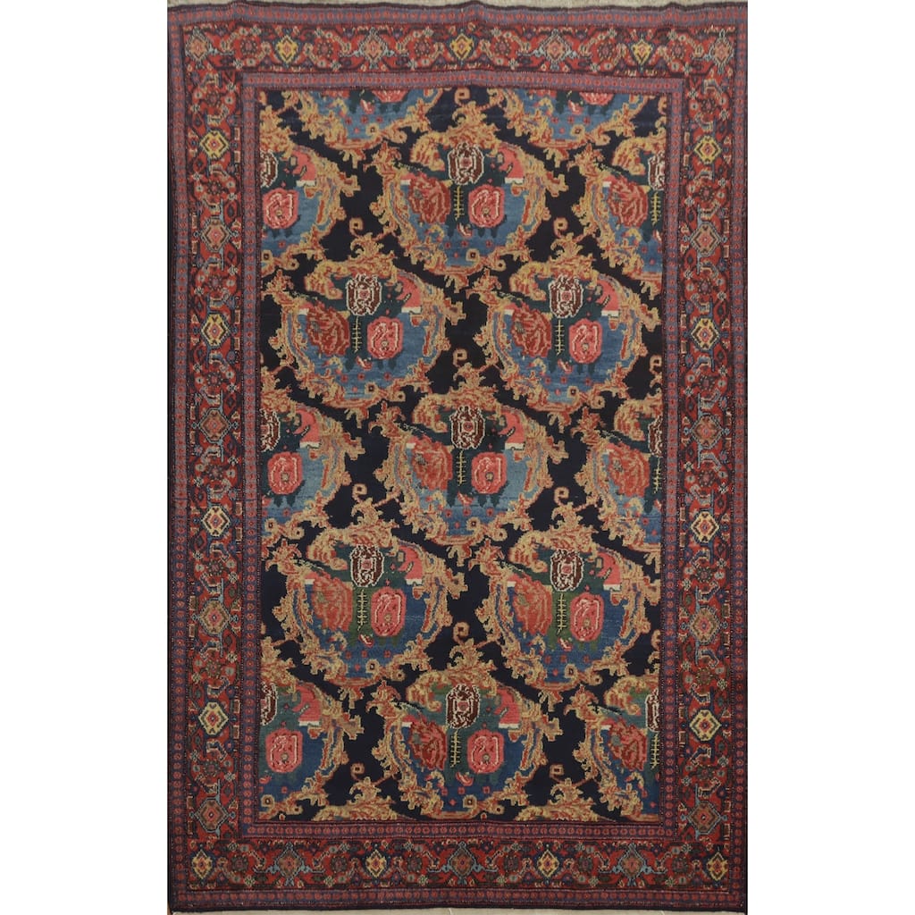 Hand Knotted Oriental 100% Wool Carpet Traditional Floral Navy Blue & Blues Senneh Area Rug - 6' 5'' X 4' 3''