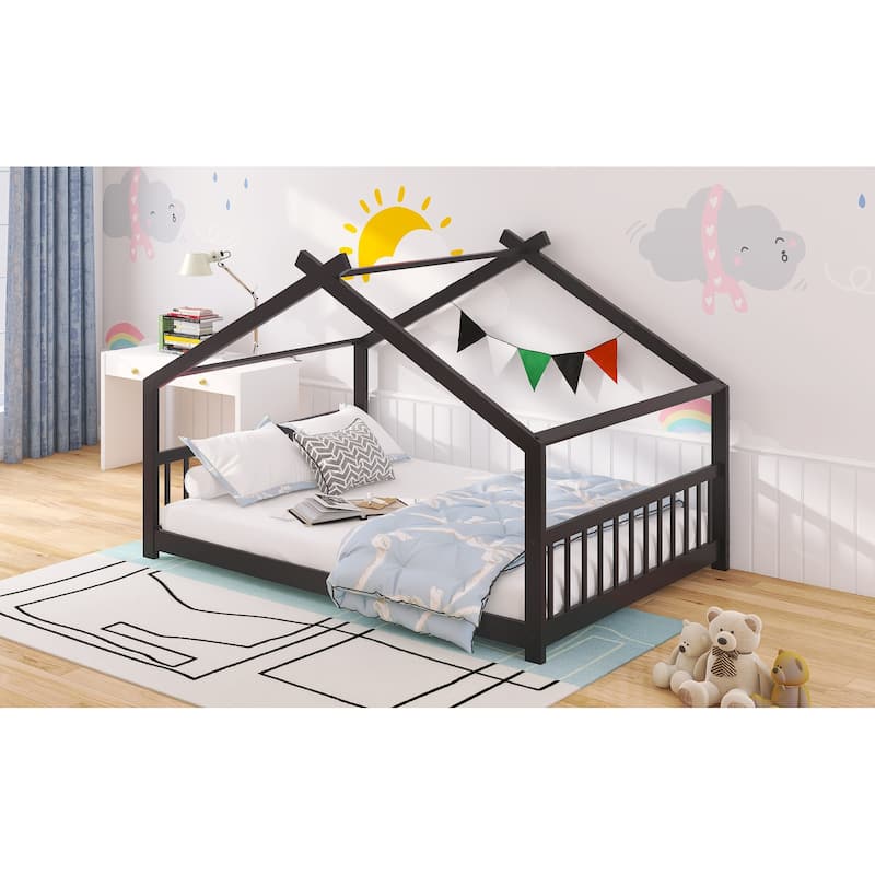 Full Pine House Platform Bed with Headboard & Footboard