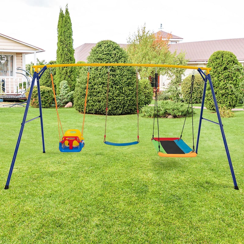 Gymax 3-in-1 Kids Swing Set 660 LBS Carbon Steel Swing Frame w/ Belt