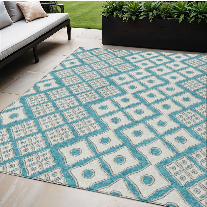 Blue And Ivory Geometric Washable Indoor Outdoor Area Rug - 5' X 8' - 5' X 8' - Blue/Ivory
