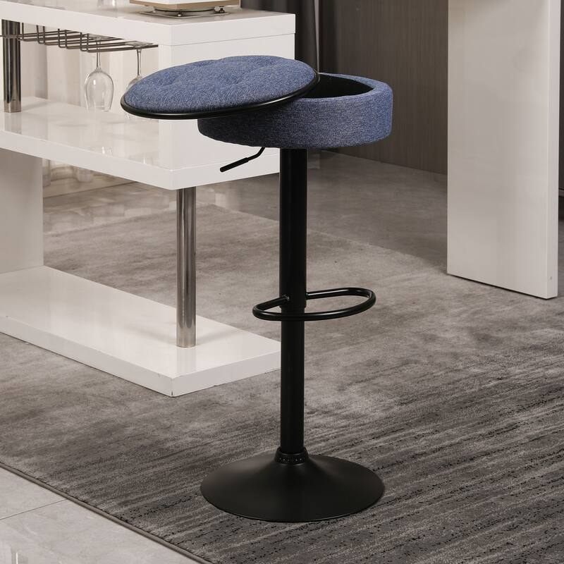 Round Storage Bar Stool Set of 2, Linen Height Adjustable Barstool, 360°Counter Height Swivel Stool