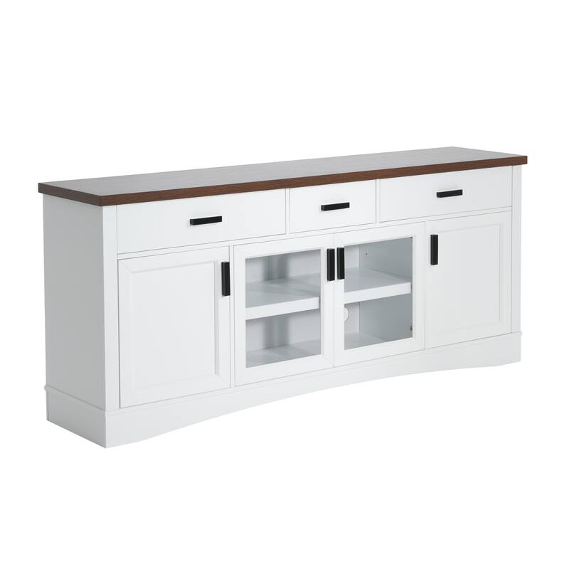 Roomfitters 67 Inch TV Stand with Glass Doors and Storage Drawers, Modern Entertainment Console with Adjustable Shelves