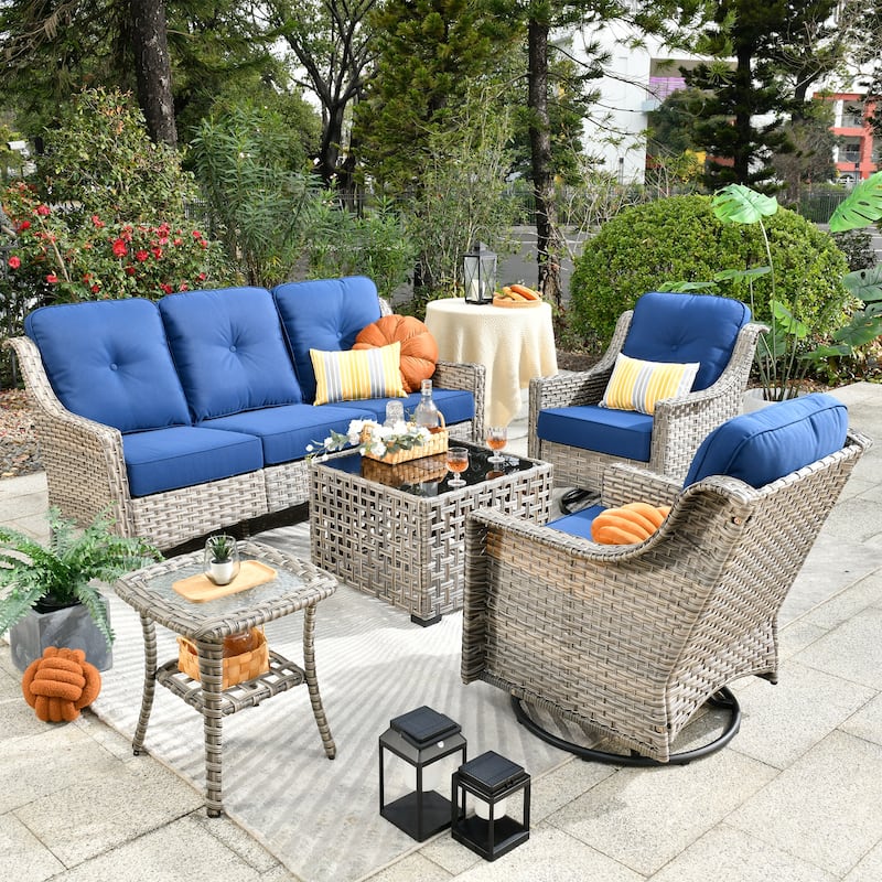 OVIOS 5 Pieces Outdoor Wicker Swivel Chair Set With Solar-Powered Table - Navy Blue